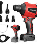 Cordless Air Blower Dust Duster For Milwaukee 18V with 7 nozzles, red brushless power tool, shown with accessories