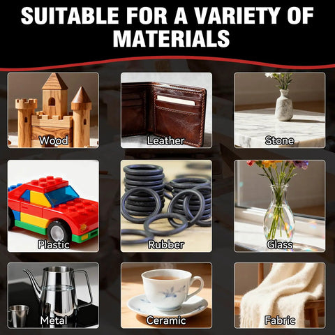 Image displaying a variety of materials suitable for Heavy Duty Neoprene Contact Adhesive With Built In Brush, including wood, leather, and fabric.