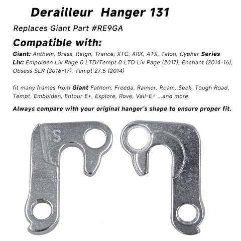 Derailleur Hanger 131 For Anthem Reign Trance XTC And More Replacement Part RE9GA With Mounting Screws. Two metal hangers.