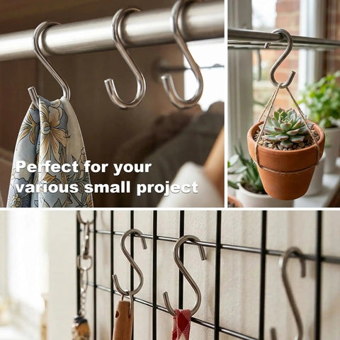 200 Piece 1 Inch Stainless Steel S Hooks For Curtain Hanging DIY Jewelry Pet Name Tags Key Rings Craft Assembly And Hella Versatile Mini Hardware Connector Clips with kitchen towels and potted plant.