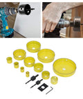 16 Piece Hole Saw Kit With High Speed Steel Cutting Tools Made For Electricians And Workshop Pros Who Wanna Cut Cleanly Through Wood And Metal Without Breaking A Sweat Or Spending All Day On The Job, yellow HSS hole saw set for drill
