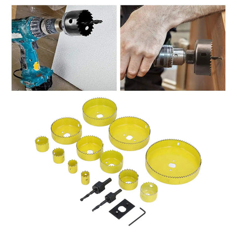 16 Piece Hole Saw Kit With High Speed Steel Cutting Tools Made For Electricians And Workshop Pros Who Wanna Cut Cleanly Through Wood And Metal Without Breaking A Sweat Or Spending All Day On The Job, yellow HSS hole saw set for drill