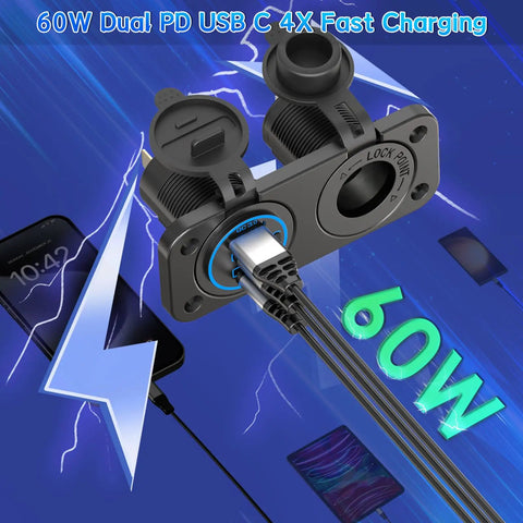 Top Shelf 12V Cigarette Lighter Socket Splitter Panel With Rugged On Off Switch Plus 20W USB Type C And 18W Quick Charge 3.0 Ports, showing dual USB-C ports.