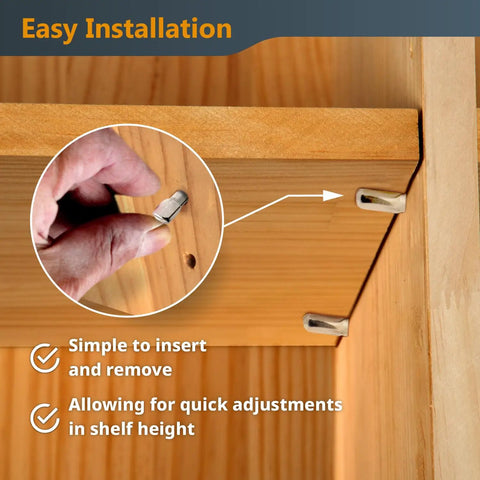 Rock Solid 1/4 Inch Spoon Shelf Pins 200 Pack Premium Stainless Steel Nickel Plated Pegs being installed in a wooden shelf.