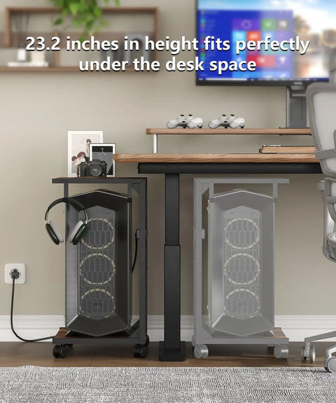 Two Tier Computer Tower Stand With Charging Station, Rolling Under Desk CPU Holder Cart for Home Office under desk setup