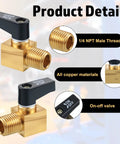 Product details of two pack brass air compressor drain valves with 1/4 inch NPT male thread, showing on/off valve features.