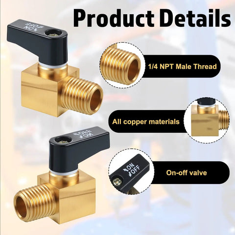 Product details of two pack brass air compressor drain valves with 1/4 inch NPT male thread, showing on/off valve features.