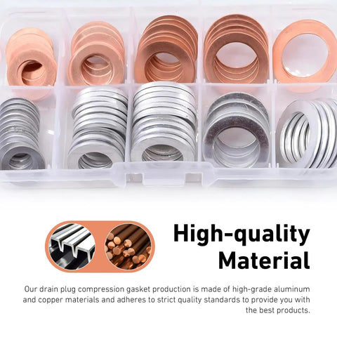 100 Piece Oil Drain Plug Crush Washer Kit Multi Size M10 M12 M14 M16 M18 Aluminum And Copper Gaskets in container