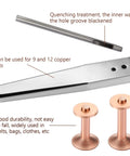 Close-up of Copper Rivet And Burr Washer Leather Craft Kit With Number 9 And Number 12 Rivets, showing tools and rivets.