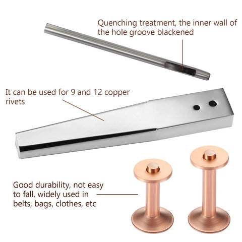 All in One Leather Craft Kit With Copper Rivets and Burr Washers Includes Hole Punch Cutter and Rivet Setter For Belts Wallets and Collars Perfect For DIY Leather Projects Number Nine and Number Twelve Rivets showing rivet setter and rivets.