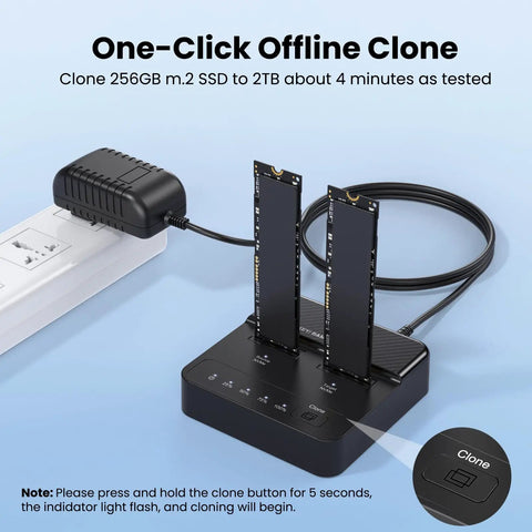 Dual Bay NVMe M.2 SSD Docking Station Offering Offline Clone Duplicator Functionality With 20Gbps USB 3.2 Interface, showing two M.2 SSDs