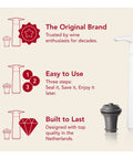 Original Saver Wine Bottle Stopper Set With Pump and 2 Vacuum Stoppers Keeps Red and White Wine Fresh Up To 10 Days infographic