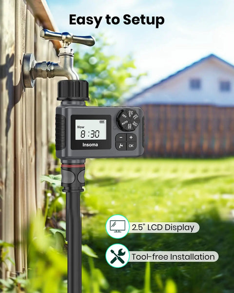 No Fuss Easy Set And Forget Outdoor Hose Faucet Timer With Rain Delay attached to yard faucet, showing LCD display.