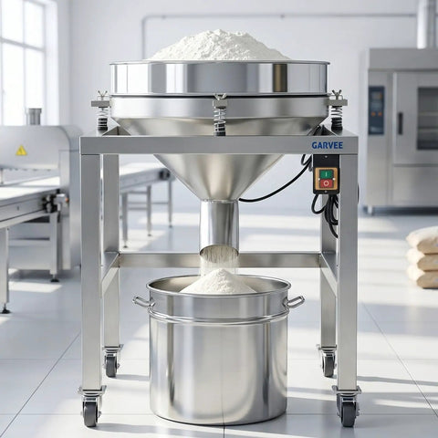 High Speed Electric Powder Sifter Machine With 40 Mesh And 100 Mesh Stainless Screens in industrial kitchen setting.