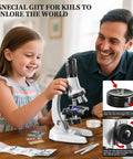 Awesome 65 Piece Kids Microscope Kit With 100X To 1200X Magnification Includes 12 Specimens 45 Blank Slides Tweezers Dropper Culture Dish Storage Box And Guide For Ages 3 To 13 shown on table with child and adult