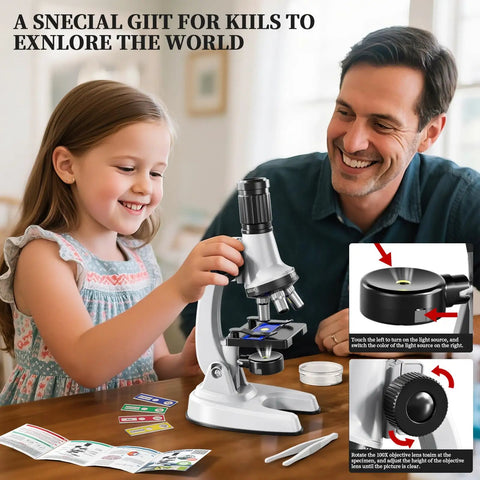 Awesome 65 Piece Kids Microscope Kit With 100X To 1200X Magnification Includes 12 Specimens 45 Blank Slides Tweezers Dropper Culture Dish Storage Box And Guide For Ages 3 To 13 shown on table with child and adult