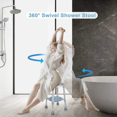 Shower Chair For Inside Shower With 360 Degree Rotation And Storage Tray featuring a woman demonstrating its swivel function.