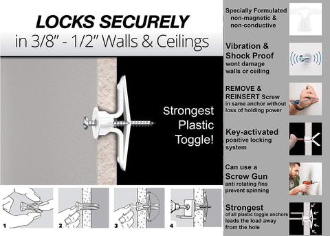 Illustration of screw gun used to install Toggler plastic toggle anchors in drywall, featuring secure locking mechanism and easy removal.