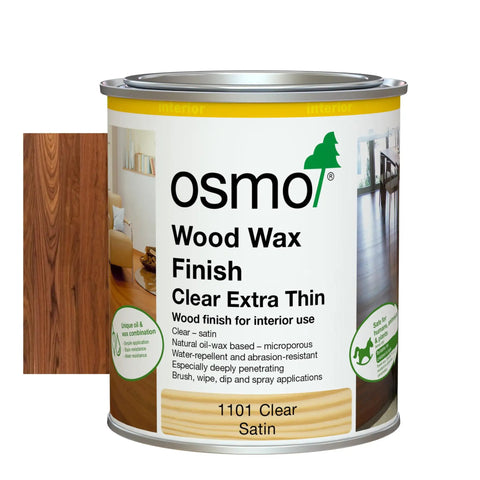 Wood Wax Finish Extra Thin Clear 1101 For Wood Surfaces 0.75 Liter Pro Grade Protective Wax Sealer can with label and example wood finish.