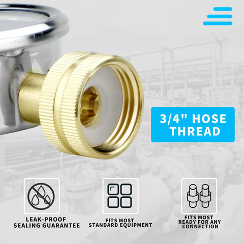 Close-up of lead-free brass fittings on a 0-200 Psi Water Pressure Gauge with 2.5 inch dial and three quarter inch hose thread.