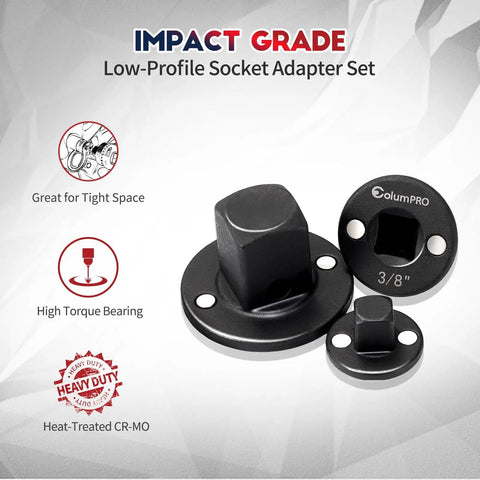 Low Profile Impact Socket Adapter Set Three Piece In CR-MO Steel Heavy Duty With Magnets For Tight Spaces on display