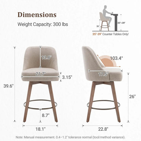 Dimensions and design details of Set of 3 Counter Height Bar Stools with Backs, 26 Inch Seat Height, mid century style on wood legs
