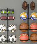 Wall Mounted Basketball Rack And Football Holder For Garage Sidekick, Adjustable Diy Soccer Stand With Basket, Hella Durable Black Metal Game Ball Organizer displaying various sports balls.
