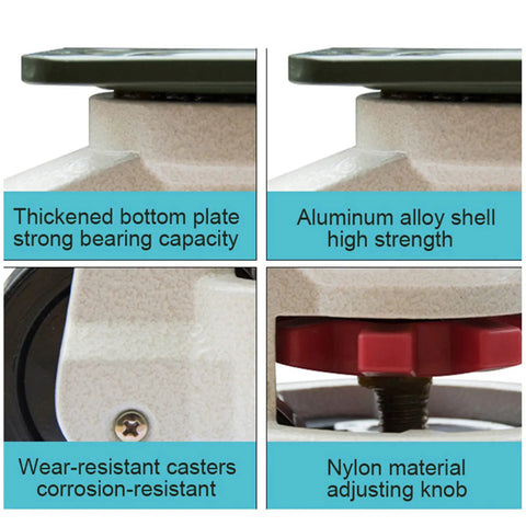 Heavy Duty Nylon Swivel Castor Wheels Four Pack image showing thickened bottom plate, aluminum alloy shell, and nylon adjusting knob.