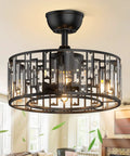 Dope Matte Black Crystal Cage Ceiling Fan With Light, Industrial Farmhouse Vibe, remote control, 8 ABS blades, in a living room.