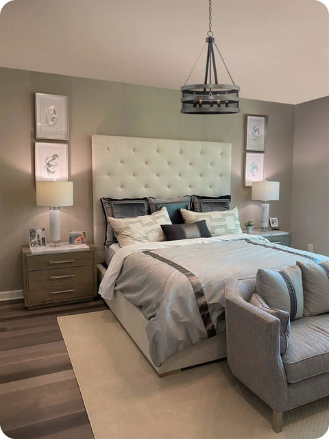 Bedroom with 26 Inch 5 Light Modern Farmhouse Chandelier With Wire Cage Drum Black Finish And Faux Gray Oak Wood Look.