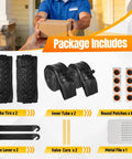 Package includes 2 pack 24 inch mountain bike tire set foldable puncture resistant tires with 24 by 1.75 2.125 inch tubes and repair tool kit