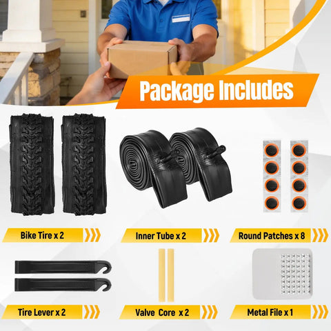 Package includes 2 pack 24 inch mountain bike tire set foldable puncture resistant tires with 24 by 1.75 2.125 inch tubes and repair tool kit