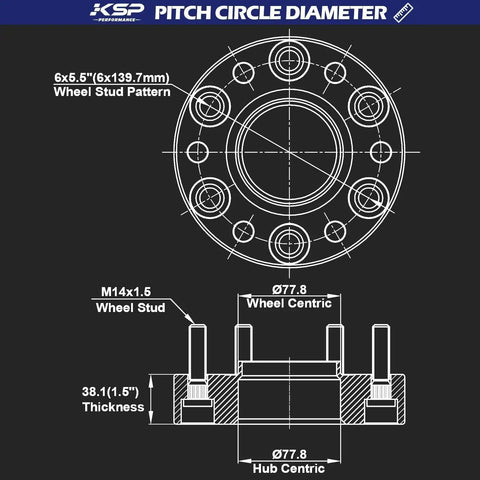 Precision Machined 4 Piece Forged Wheel Spacers 1.5 Inch Thick 6x5.5 Bolt Pattern 77.8mm Hub Bore M14x1.5 Studs diagram.