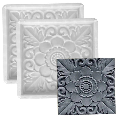 Two Pack Antique Lotus Concrete Paver Molds for DIY Garden Path Stepping Stones showing detailed floral design and plastic material
