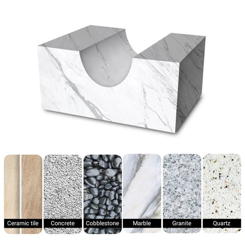Sample materials including ceramic tile, concrete, cobblestone, marble, granite, and quartz, displayed for reference.