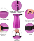 Portable Foldable Camping Chair With Adjustable Height Grab And Go Heavy Duty Stool showing nylon material, silicone pad, fasteners, and hand strap in purple.