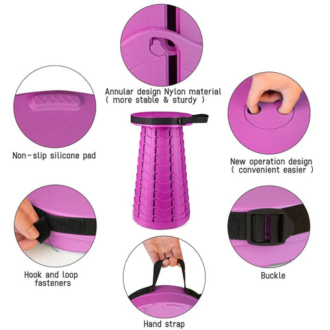 Portable Foldable Camping Chair With Adjustable Height Grab And Go Heavy Duty Stool showing nylon material, silicone pad, fasteners, and hand strap in purple.