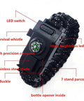 Survival Paracord Bracelet With Compass And LED Light featuring whistle, stainless steel blade, buckle, and reflective paracord.