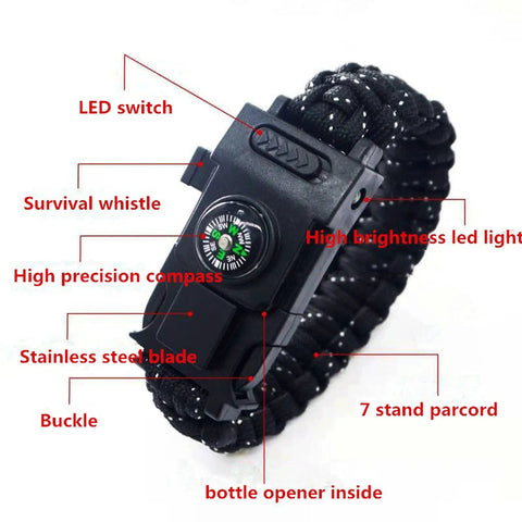 Survival Paracord Bracelet With Compass And LED Light featuring whistle, stainless steel blade, buckle, and reflective paracord.