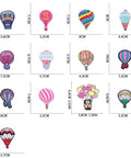 13 Piece Hot Air Balloon Iron On Patches Set With Colorful Embroidered Appliques for Clothes, measured dimensions shown.