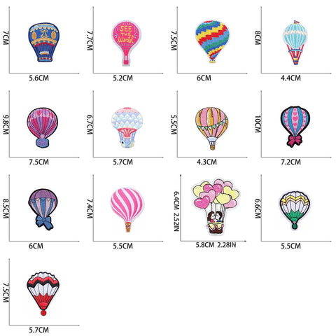 13 Piece Hot Air Balloon Iron On Patches Set With Colorful Embroidered Appliques for Clothes, measured dimensions shown.