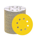 Dope 5 Inch Yellow Sanding Discs With 8 Holes For Fast Debris Removal Perfect For Body Work, Wood Projects And Grinder Polishing Jobs High Abrasive Quality You Gonna Love, stack of yellow abrasive discs.