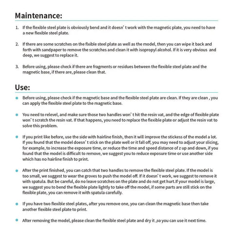 Instructions on maintenance and use of 3D printer's flexible steel plate bed, detailing cleaning and handling procedures in bullet points.