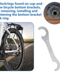 Double Ended Bicycle Bottom Bracket Lockring Wrench and Removal Tool for Cup and Cone Systems next to a bike diagram.
