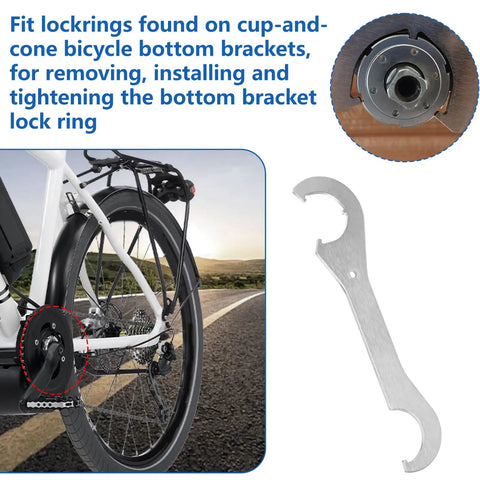 Double Ended Bicycle Bottom Bracket Lockring Wrench and Removal Tool for Cup and Cone Systems next to a bike diagram.