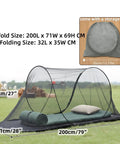 Ultra Dense Mosquito Tent With Foldable Mesh For Single Person Keeps NoSeeUms Out With TightWeave Net Perfect For Camping Travel Patio Includes Storage Bag Black shown set up on grass with dimensions and storage bag inset.