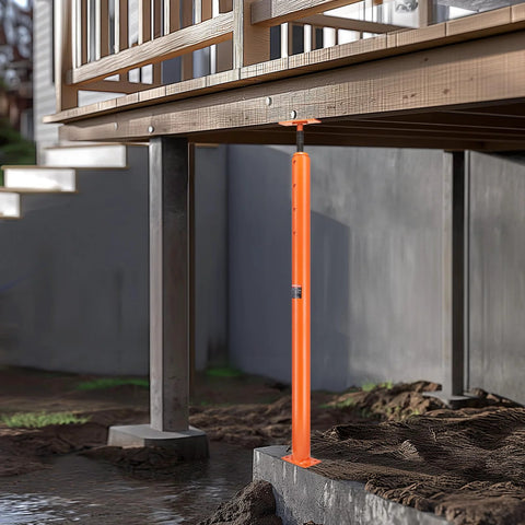 Side view: VEVOR orange steel telescoping floor jack post under wooden deck beam, adjustable height.