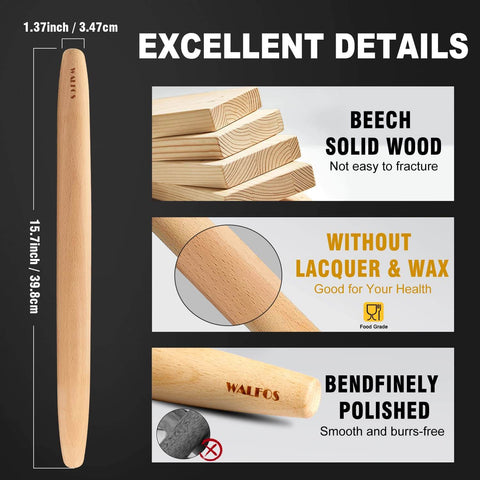 French Rolling Pin For Baking With Tapered Beech Wood Design, Nonstick Dough Roller For Fondant, Pizza, Pie, Cookies And Pastry