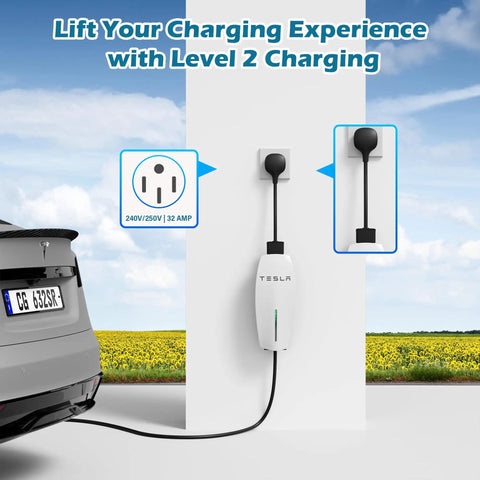 Plug And Play Nema 14-50 To J1772 Converter For Tesla Mobile Connector Gen Two Bullseye Fit Cable charging on wall.