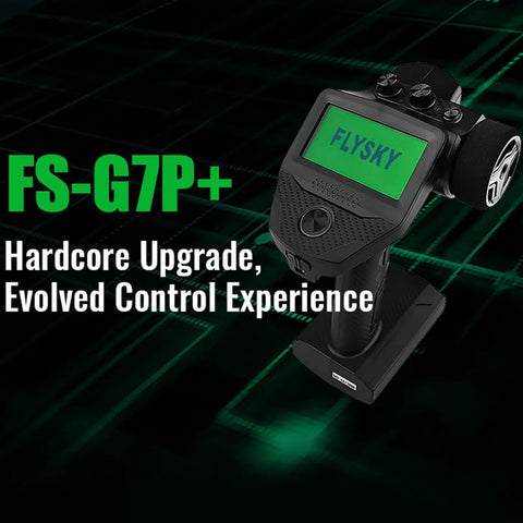 Black FS-G7P+ RC transmitter with green LCD display on a dark tech grid background